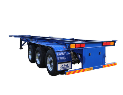 AAA Trailers 40ft Skeletal Trailer, rear view showing tri-axle configuration