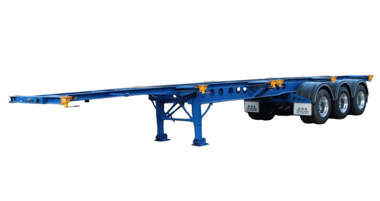 AAA TRAILERS 45' SKELETAL TRAILER AAA Trailers 45ft Skeletal Trailer, front quarter view showing corner twist locks and tri-axle configuration