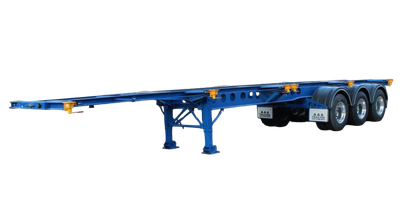 AAA Trailers 45ft Skeletal Trailer, front quarter view showing corner twist locks and tri-axle configuration