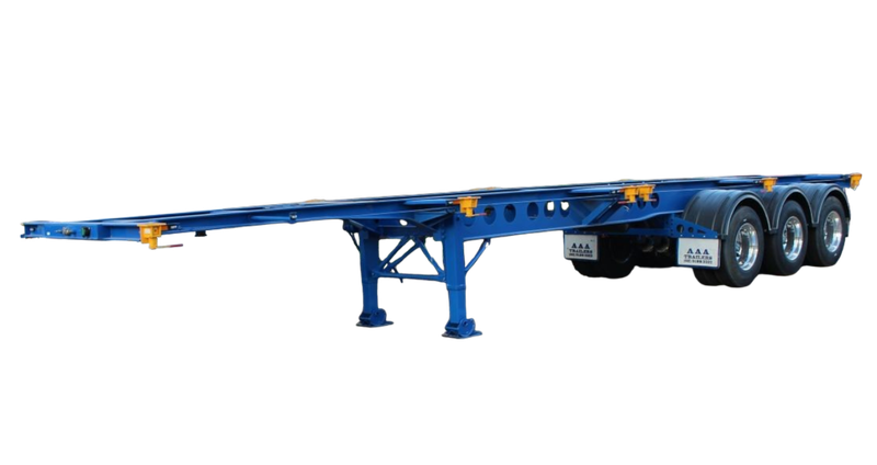 AAA Trailers 45ft Skeletal Trailer, front quarter view showing corner twist locks and tri-axle configuration