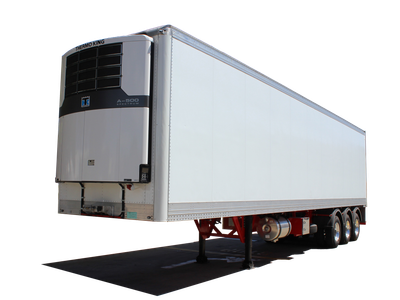 AAA Trailers Flat Top Refrigerated Trailer 22 Pallet, front quarter view showing the Thermo King A-500 Spectrum unit