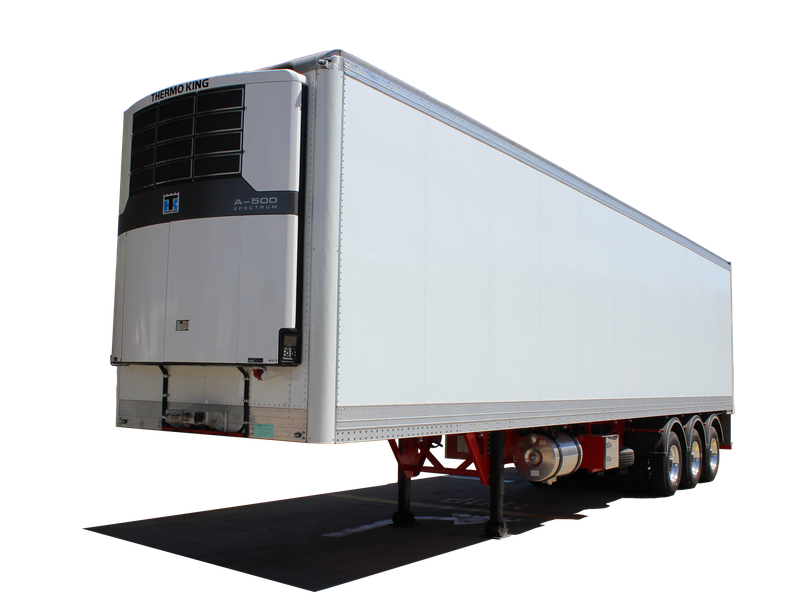 AAA Trailers Flat Top Refrigerated Trailer 22 Pallet, front quarter view showing the Thermo King A-500 Spectrum unit
