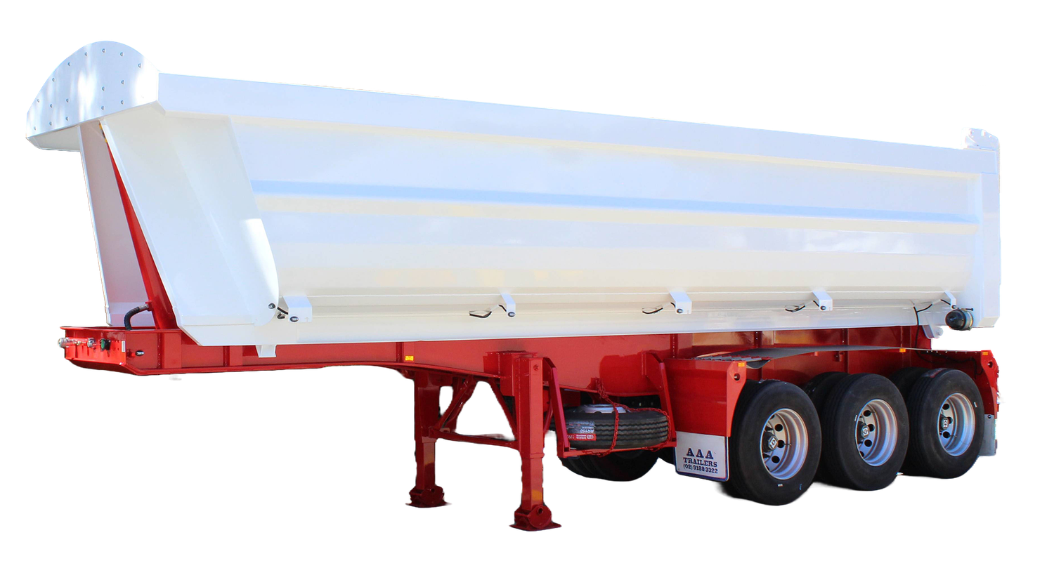 AAA TRAILERS END TIPPER AAA Trailers End Tipper, side view with tailgate closed and tri-axle configuration