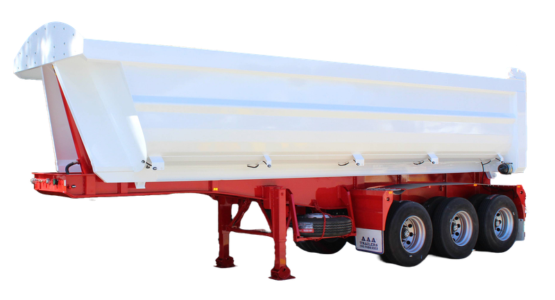 AAA Trailers End Tipper, side view with tailgate closed and tri-axle configuration