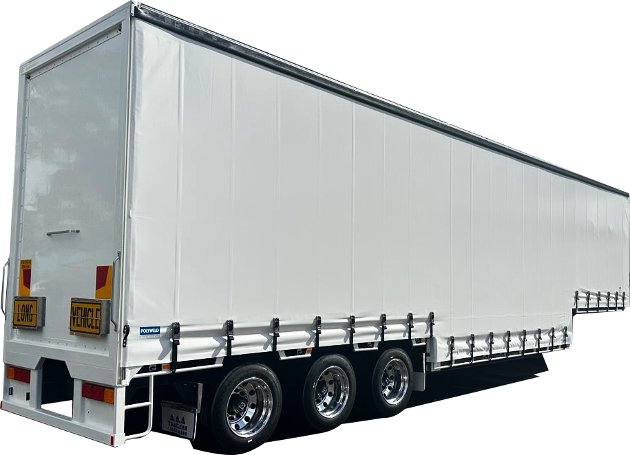 AAA TRAILERS CURTAINSIDER DOUBLE DROP DECK B-TRAILER 22 PALLET (ROLLING POSTS & REMOVABLE UPRIGHTS) AAA Trailers Curtainsider Double Drop Deck B-Trailer 22 Pallet, rear quarter view with curtains closed