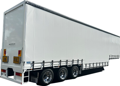 AAA Trailers Curtainsider Double Drop Deck B-Trailer 22 Pallet, rear quarter view with curtains closed