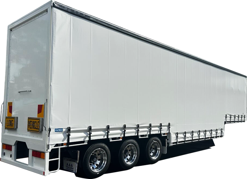 AAA Trailers Curtainsider Double Drop Deck B-Trailer 22 Pallet, rear quarter view with curtains closed