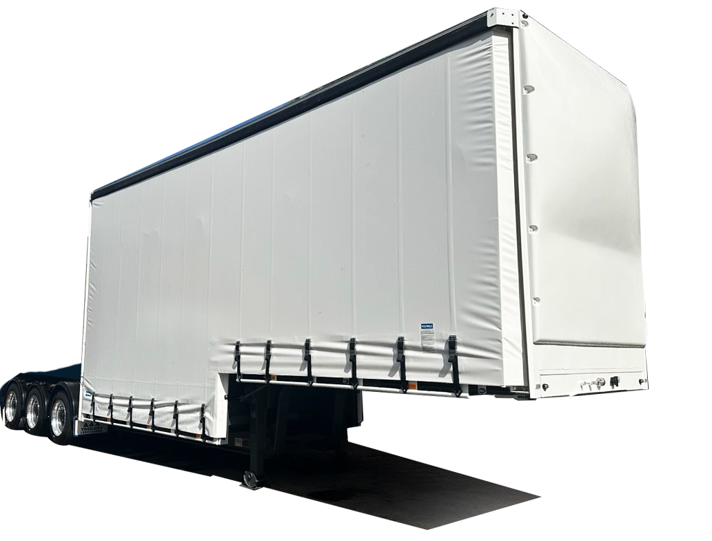AAA Trailers Curtainsider Drop Deck A-Trailer 12 Pallet, front quarter view with rear ramp lowered