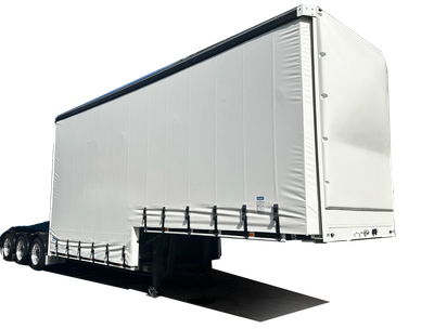 AAA Trailers Curtainsider Drop Deck A-Trailer 12 Pallet, front quarter view with rear ramp lowered