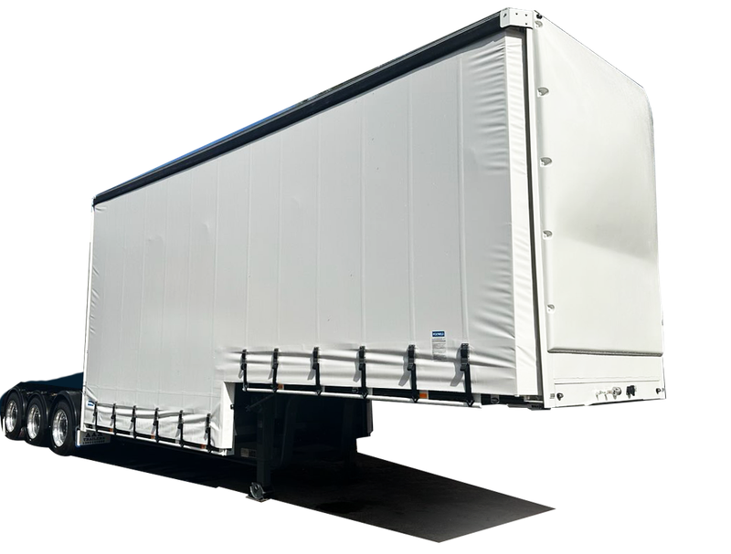 AAA Trailers Curtainsider Drop Deck A-Trailer 12 Pallet, front quarter view with rear ramp lowered