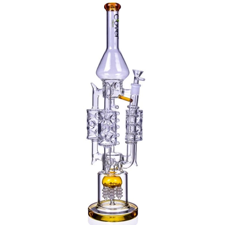 Clover 10.5&quot; Triple Recycler Glass Water Pipe Amber WPD232