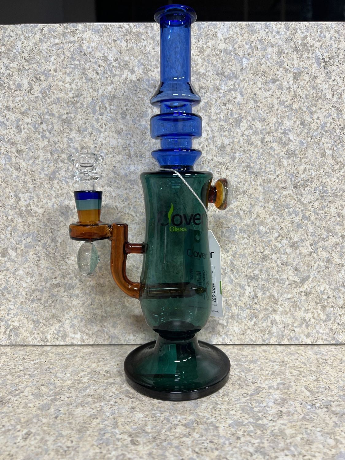 Clover Palegreen 10&quot; Ribbed Straightneck Flatbase with Dichro Bead On Body and Bowl Tubular Perc