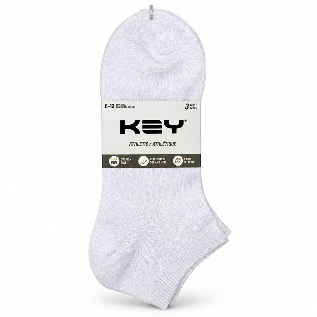 Key Athletic Ankle Socks 3 Pack, Color: White, Size: Medium