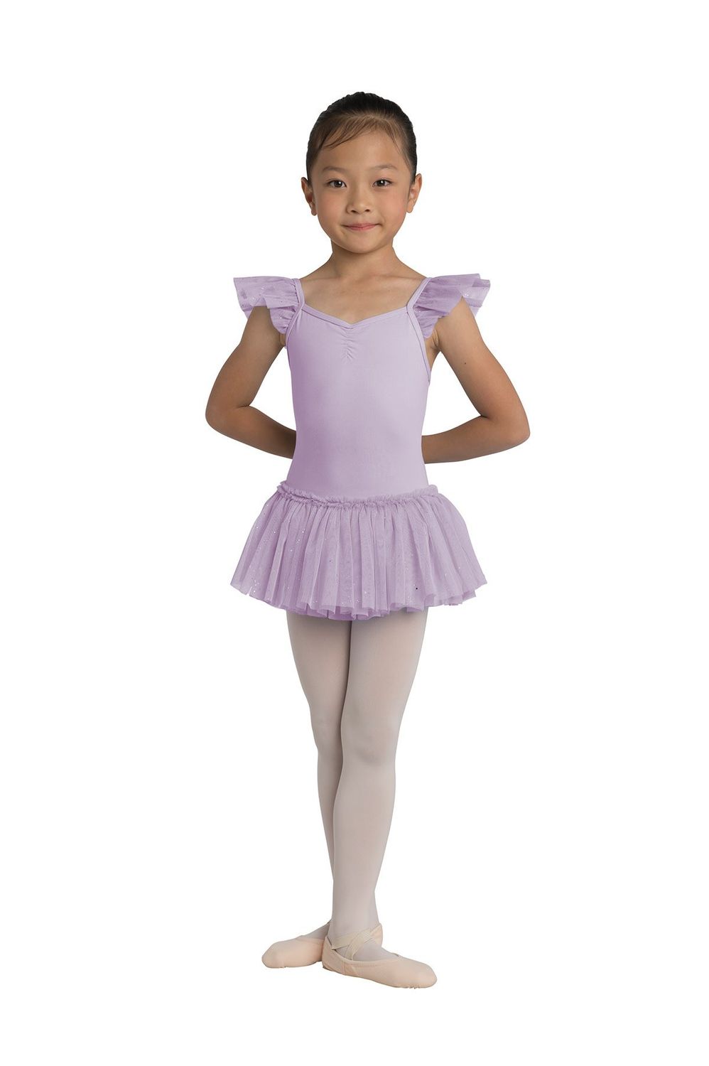 DANZNMOTION Girls &quot;Penelope&quot; Flutter Sleeve Camisole Dance Leotard with Glitter Skirt, 2462C