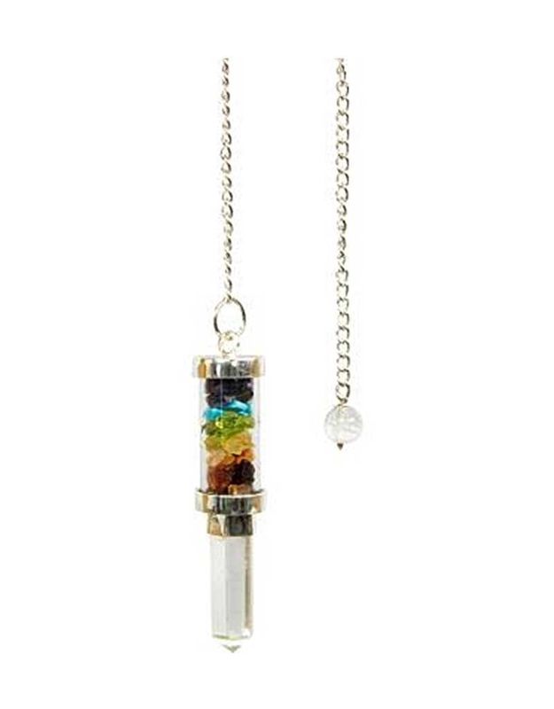 Chakra Chips in Glass Tube w Point Pendulum - 9&quot;&#39;L