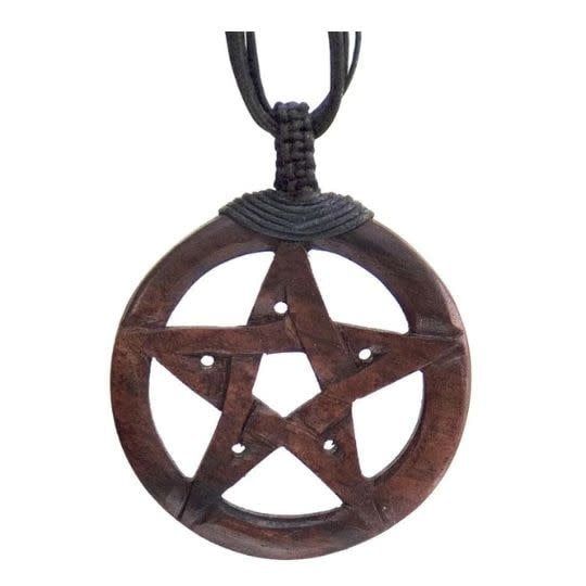 Wood Pentacle 2&quot;  w Black Cord Necklace Pendant