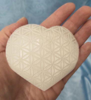 Selenite Flower of Life Ectched Heart - 3&quot;