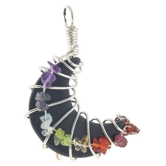 Wire Wrapped Black Agate Moon with Chakra Chips