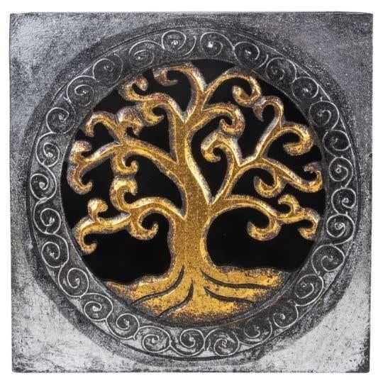 Wood Box Silver &amp; Gold Tree of Life w Carved Lid 8x 8 x 3.5&quot;H