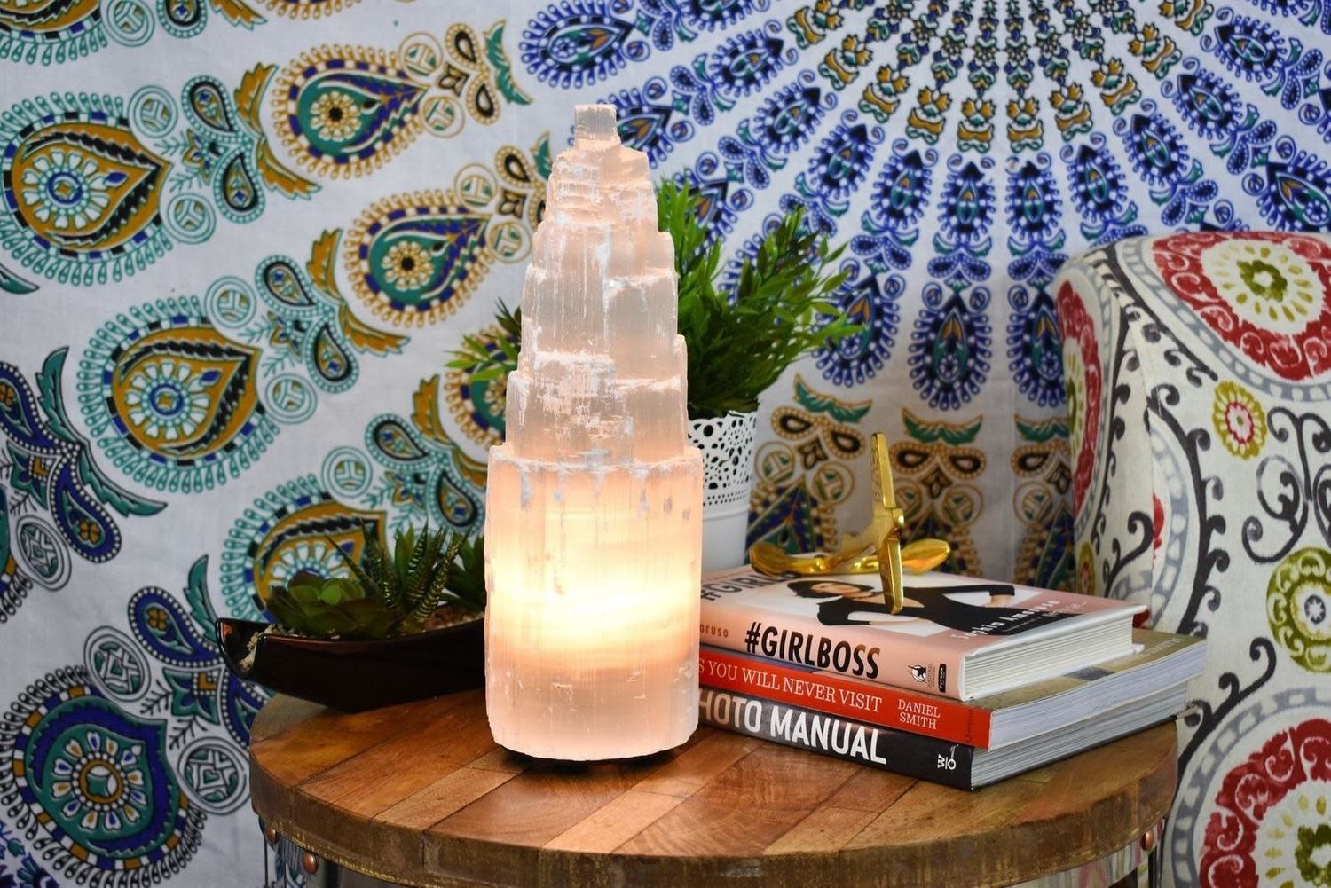 Selenite Tower Lamp 10″
