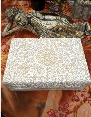 White Washed Carved Wooden Box