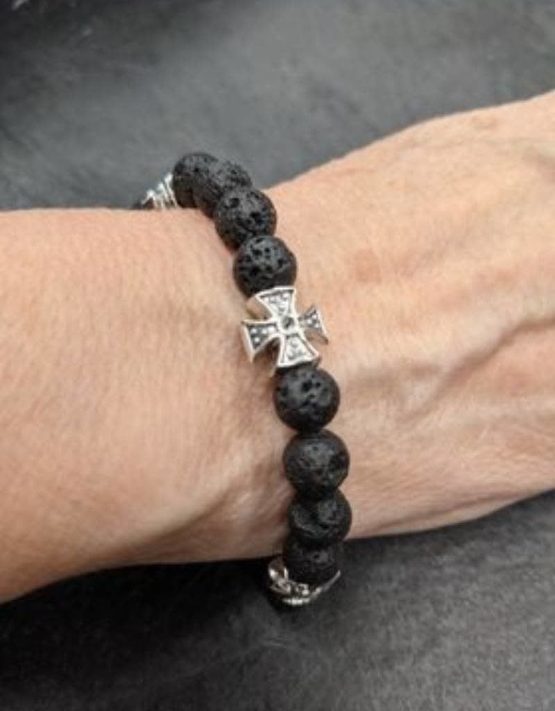 Lava Beads with Templar Crosss 8MM  - Men&#39;s Aromatherapy Bracelet