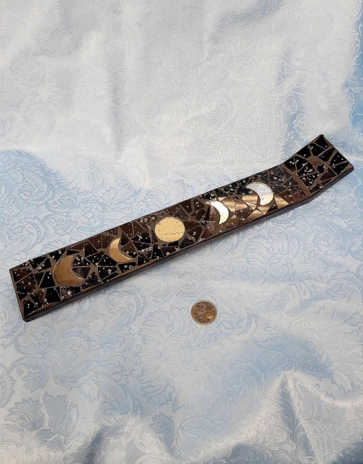 Wood Incense Holder -Black Mosaic Moon Phases 13&quot;