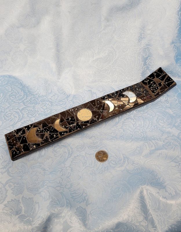 Wood Incense Holder -Black Mosaic Moon Phases 13&quot;
