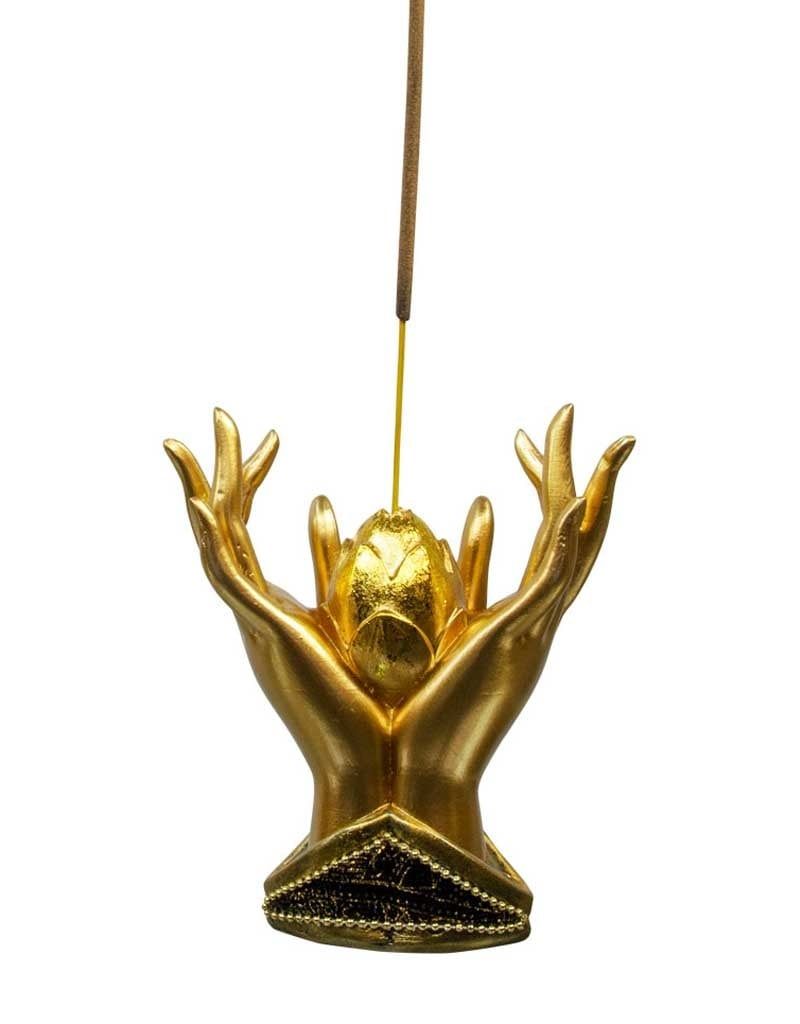 Resin Incense Holder - Lotus Mudra Hands 4&quot;x4.25&quot;