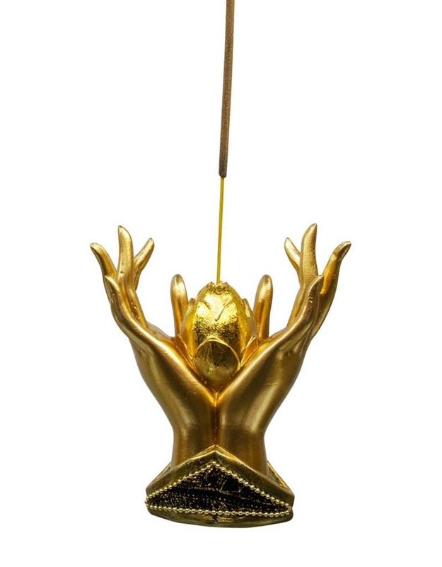 Resin Incense Holder - Lotus Mudra Hands 4&quot;x4.25&quot;