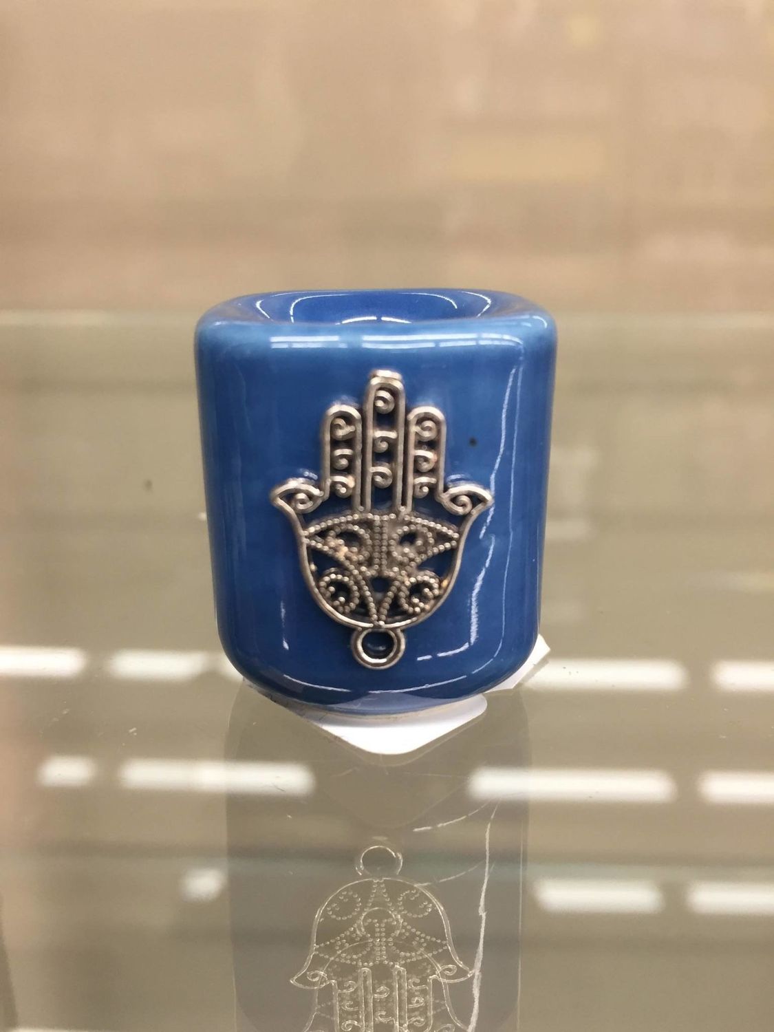 Mini Candle Holder Blue w/ Fatima Hand