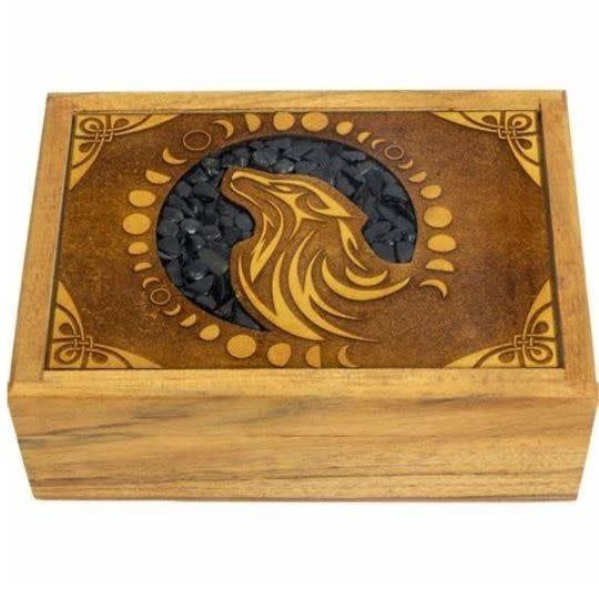 Wooden Crystal Box Wolf with Black Onyx approx 5&quot; x 7&quot;