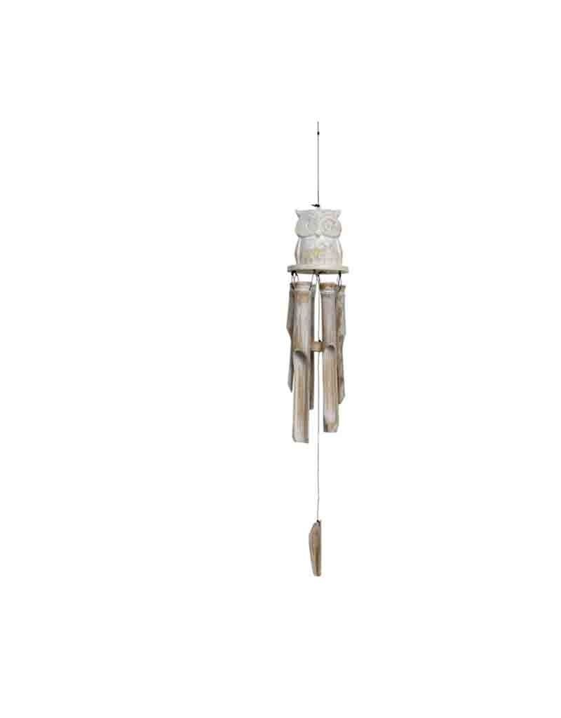 Bamboo Windchime Owl White Washed 34&quot;