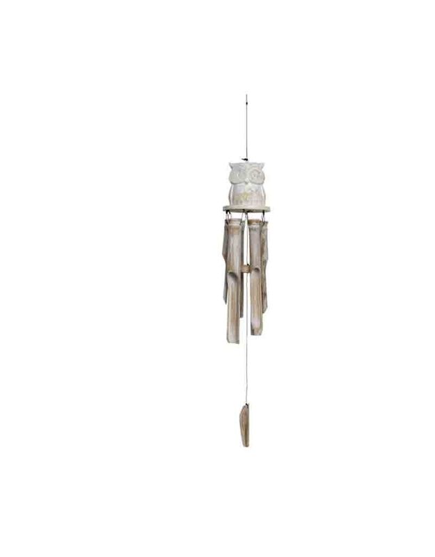 Bamboo Windchime Owl White Washed 34&quot;