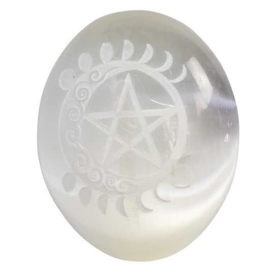 Selenite Palm Stone with Pentacle and Moon Phases 2.5&quot;x1.5&quot;