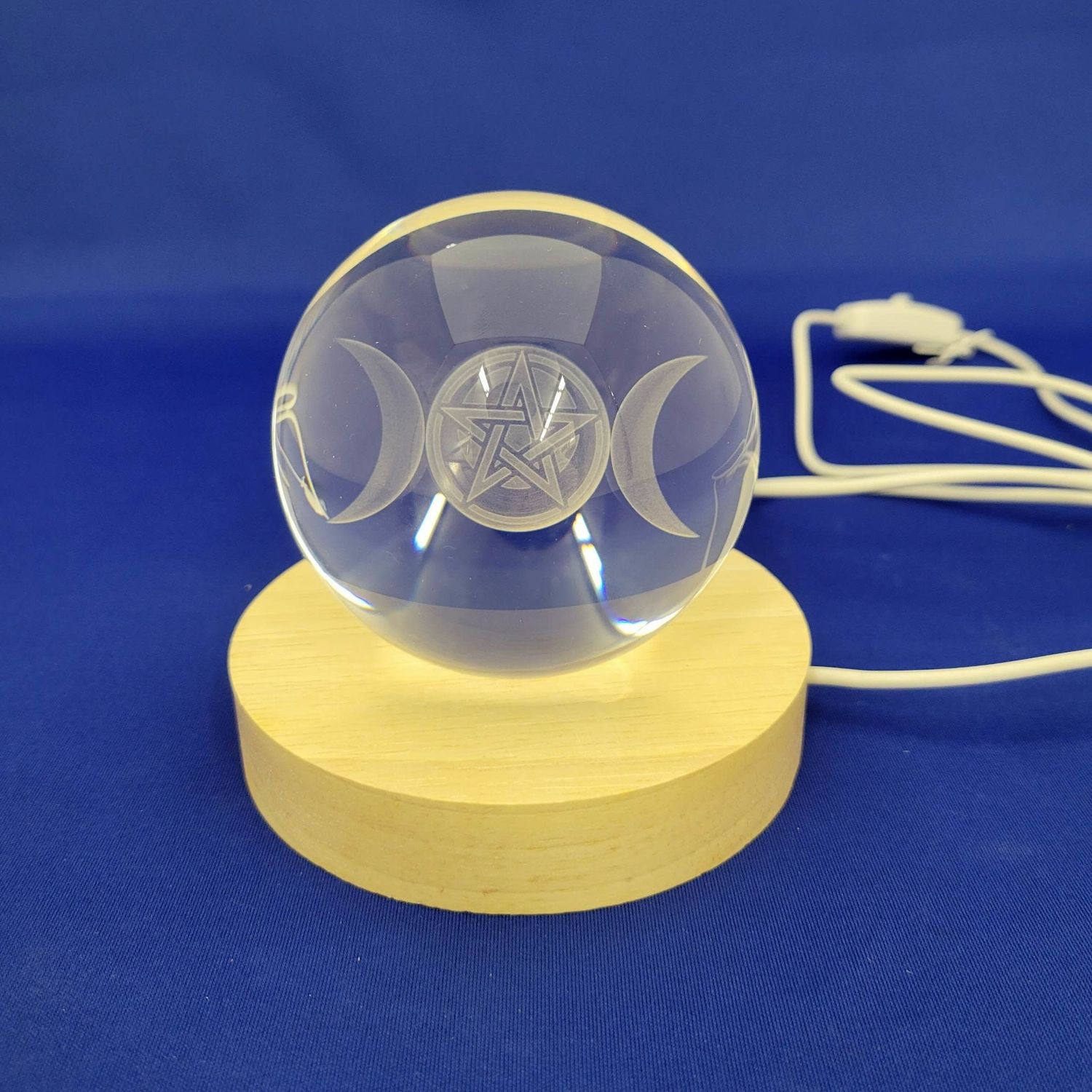 Engraved Crystal Ball Wood LED Light Base Triple Moon Goddess 3&quot;