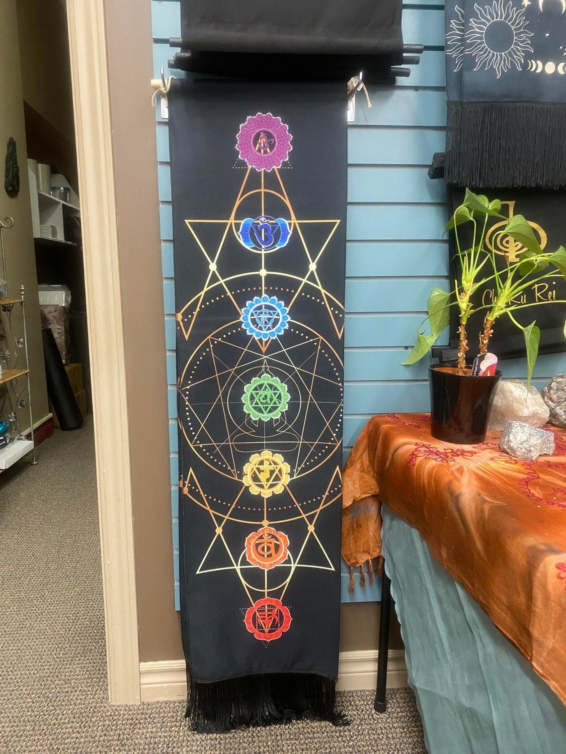 Black Metatron&#39;s Cube Chakra Tapestry Banner - 12.5&quot; X 51&quot;