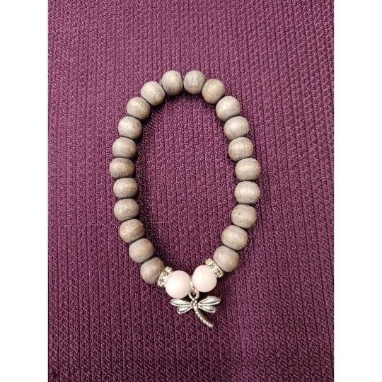 Rose Quartz Wood Dragonfly Charm 8mm Bracelet