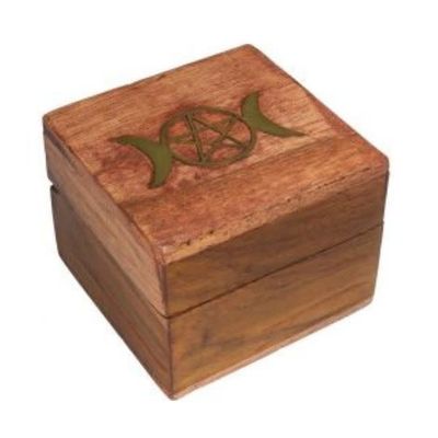 Wood Box Golden Brass Inlay - Triple Moon 2.5&quot; x 2.5&quot;