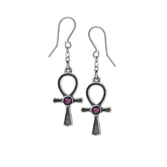 Ankh of Osiris pewter dropper Earrings with  amethyst Swarovski crystal