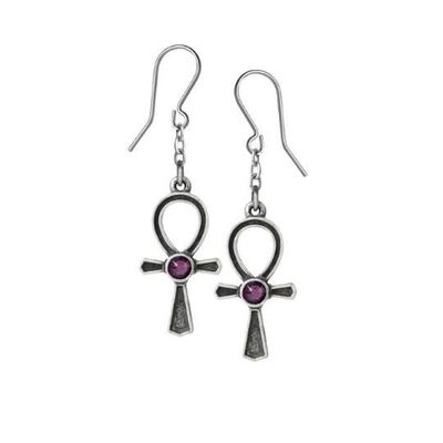 Ankh of Osiris pewter dropper Earrings with  amethyst Swarovski crystal