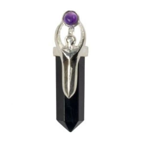 Black Tourmaline Point with Amethyst Gem Goddess Pendant
