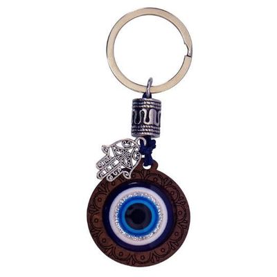 Wood Turkish Blue Evil Eye Keychain  3.5&quot;