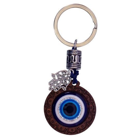 Wood Turkish Blue Evil Eye Keychain  3.5&quot;