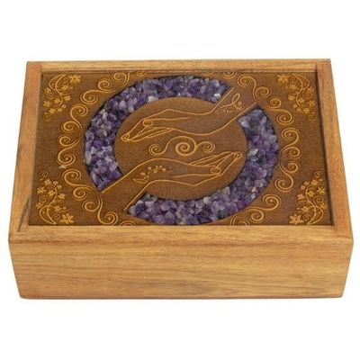 Wooden Crystal Box Healing Hands with Amethyst Inlay approx 5&quot; x 7&quot;