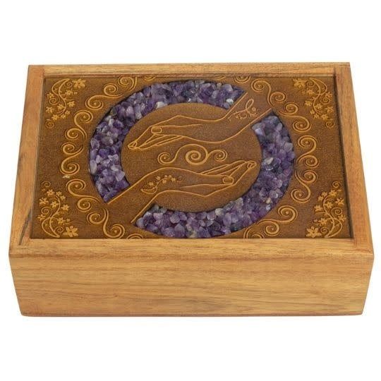Wooden Crystal Box Healing Hands with Amethyst Inlay approx 5&quot; x 7&quot;
