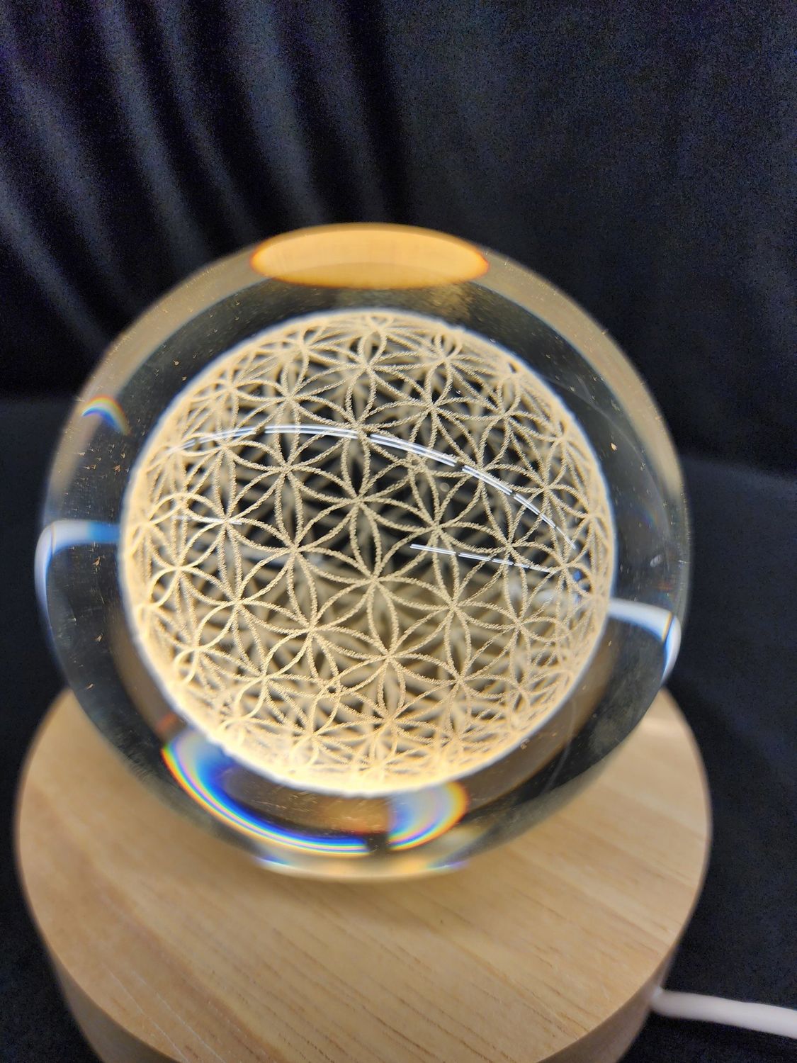 Engraved Crystal Ball Wood LED Light Base Flower of Life 3&quot;