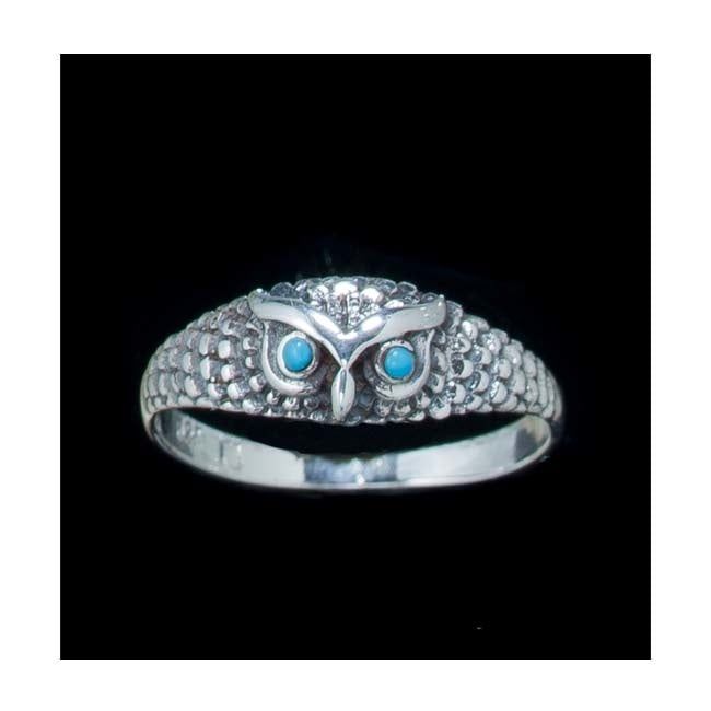 Owl w Turquoise Eyes Ring - Size 4 Sterling Silver