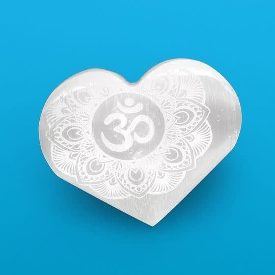 Selenite Heart w Etched Om 3&quot;