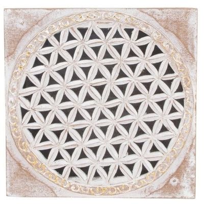 Wood Box Washed Flower of Life w Carved Lid 8x 8 x 3.5&quot;H